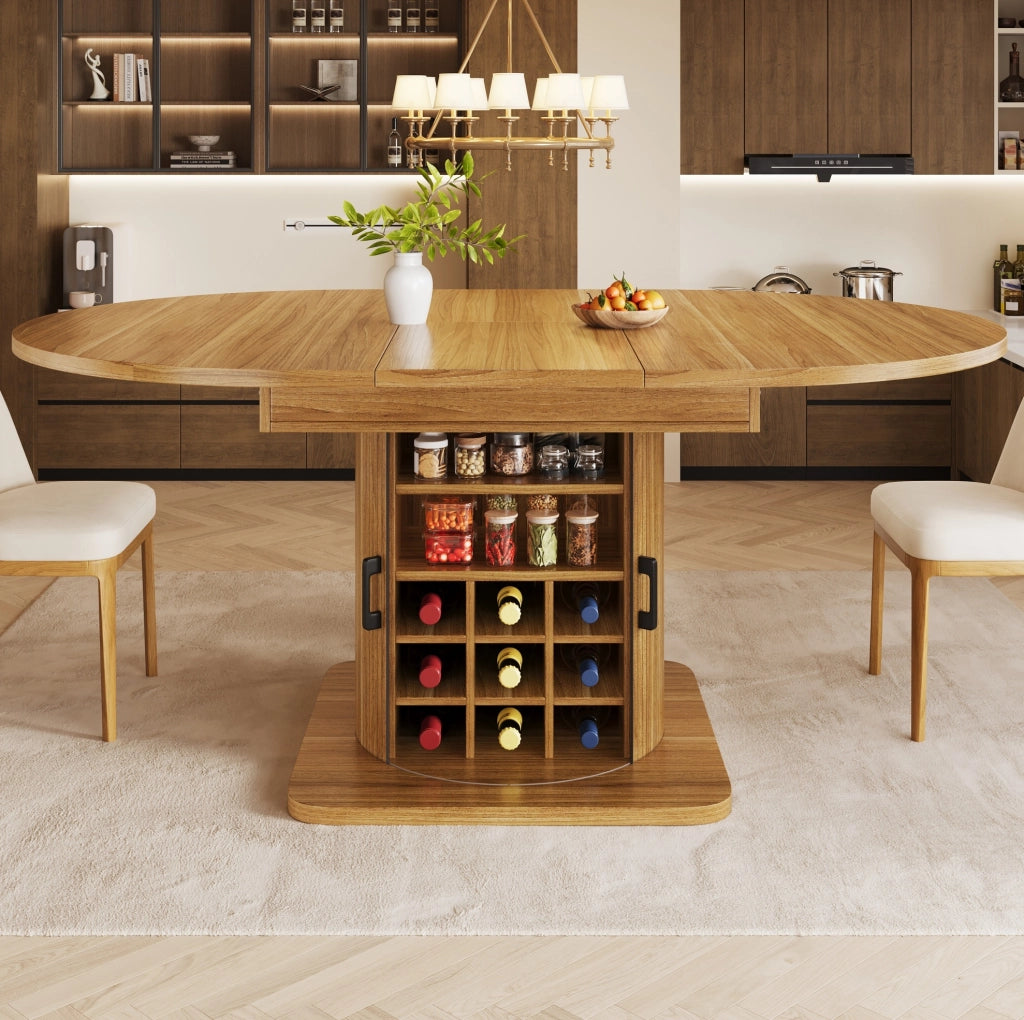 Tavolo allungabile 118x118x76 cm con vano contenitore e ripiani estraibili; MDF e metallo; marrone scuro