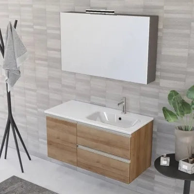 Mobile bagno sospeso 100 cm rovere miele con cassetti e anta completo di lavabo a destra e specchio Master