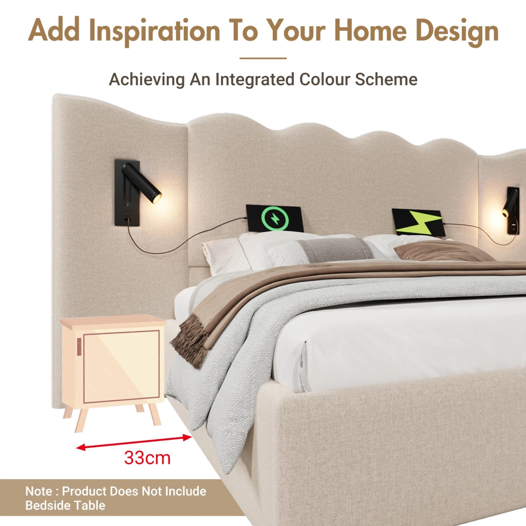 Letto Contenitore 160x200 cm; Matrimoniale 2 Posti - USB e Type-C; Lampada - Lino - Beige