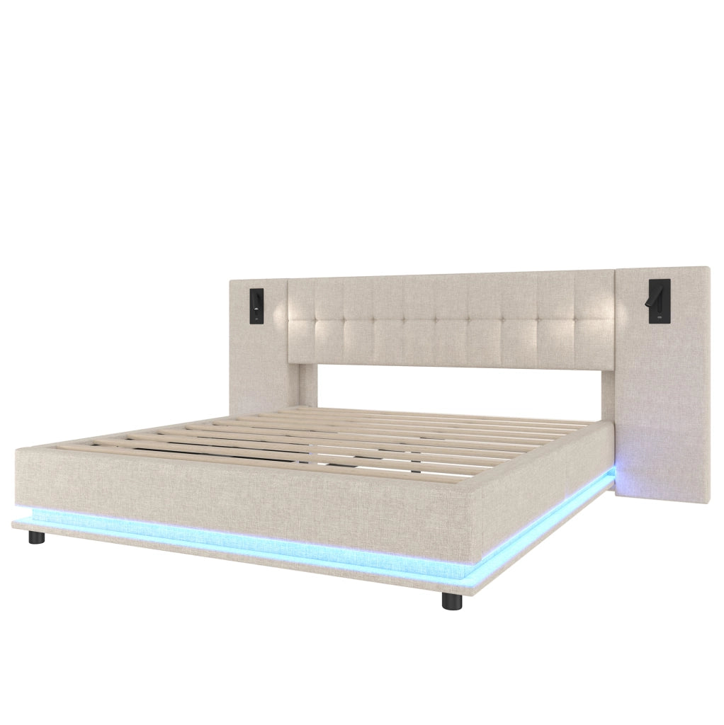 Letto imbottito 180x200 cm con LED; spot e USB in lino beige