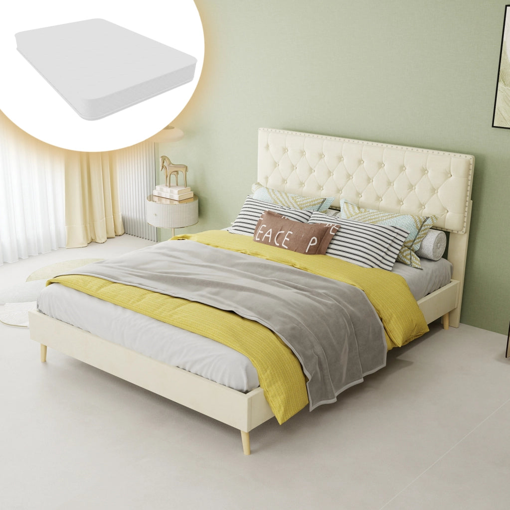 Letto 140x200 cm in velluto olandese beige con testiera alta e rete a doghe