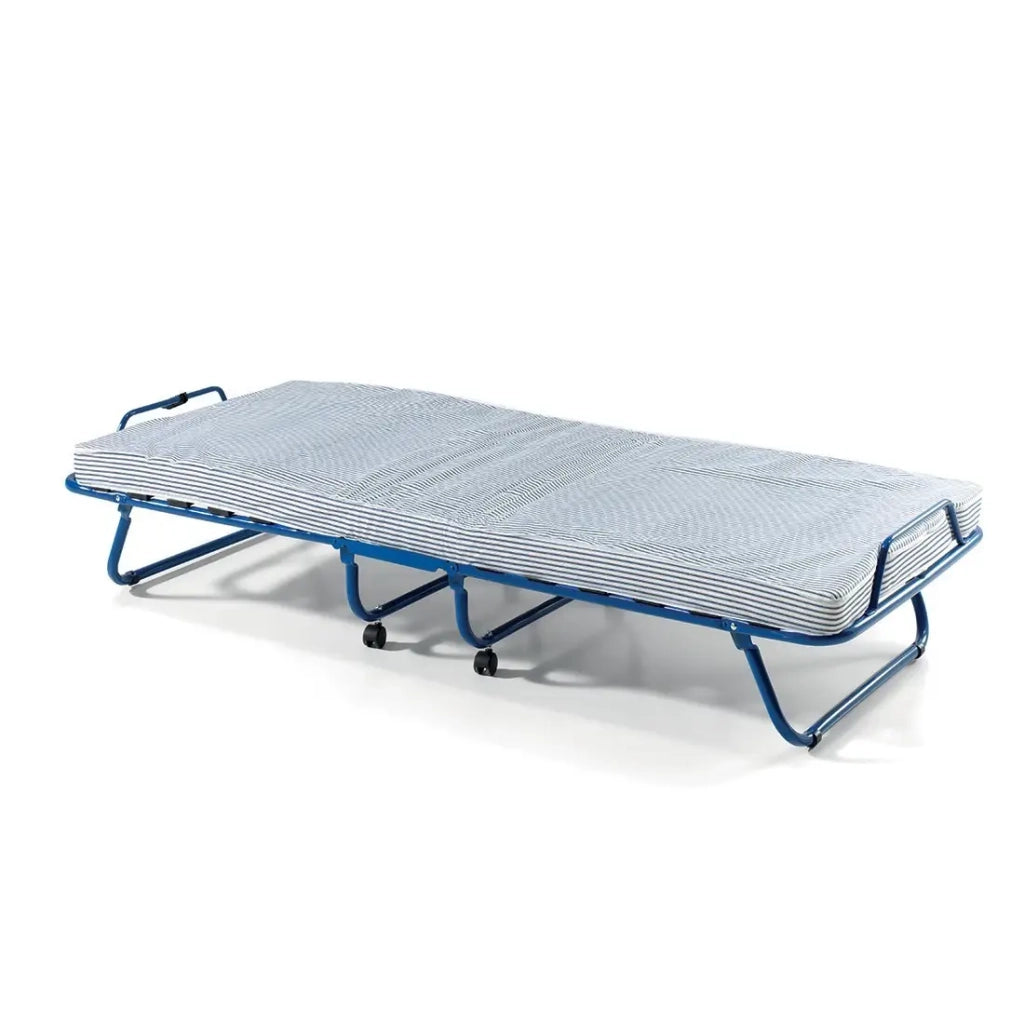 Letto pieghevole NAZARE – 80x190 cm in metallo blu con ruote, rete e materasso inclusi