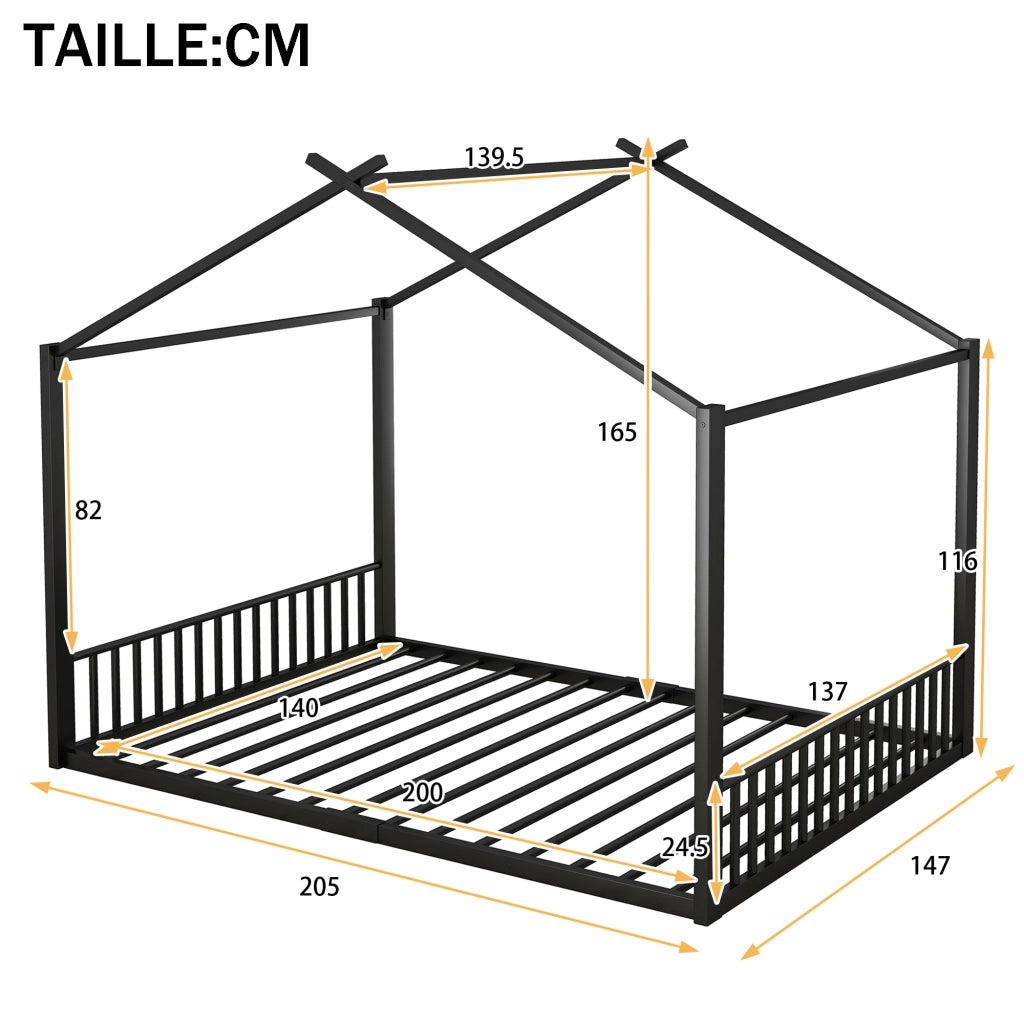 Letto per Bambini Singolo 140 x 200 cm con Struttura a Casetta; senza Materasso; in Metallo Nero