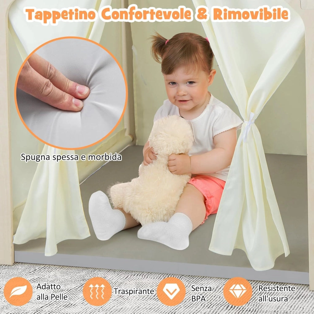 6 in 1 Tenda per Bambini in Legno, Tenda Casetta da Gioco con Tavolo e Sedia, con Tappetino Lavagna e 6 Scatole Portaghiochi, Capanna per Bambini (Grigio 98 x 131 x 113 cm)