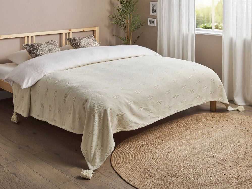 Copriletto in tessuto di cotone cinigliato beige 220 x 240 cm con frange Decorativo Biancheria da letto Design classico Camera da letto