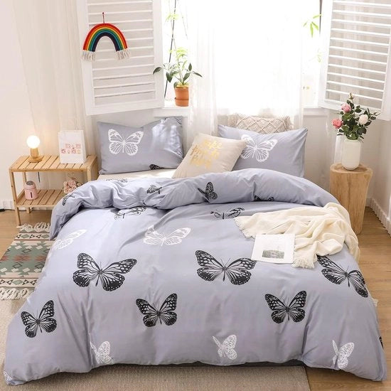 Set di lenzuola per bambine, 220 x 240 cm, 3 pezzi, grigio, farfalla, lenzuola reversibili, sbiancate, microfibra, set di lenzuola morbide, copriletto romantico con chiusura a raccordo e 2