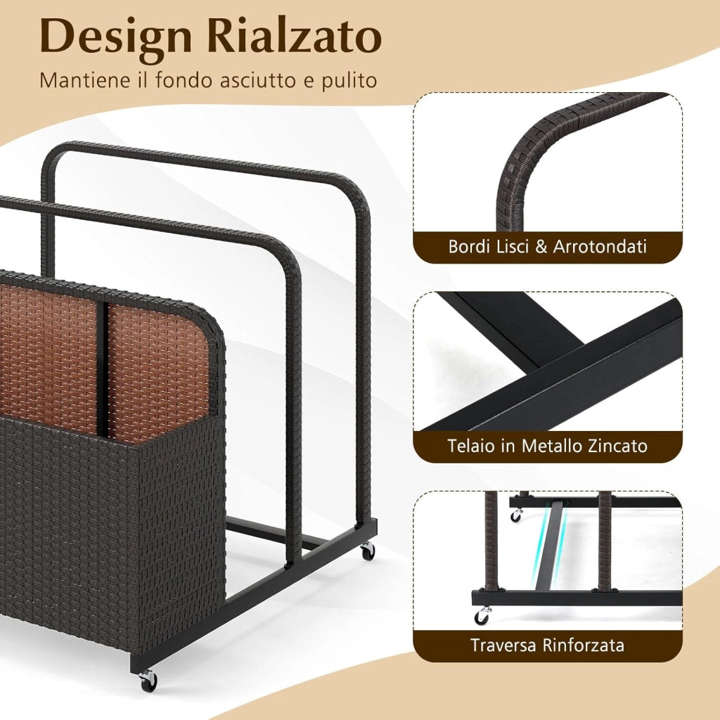 Carrello Archiviazione per Piscina in Rattan PE, Contenitore Esterno Impermeabile con 2 Portasciugamani e 4 Ruote, Portacoperte Giardino per Boe, Salvagenti, Cuscini e Asciugamani (Marrone)