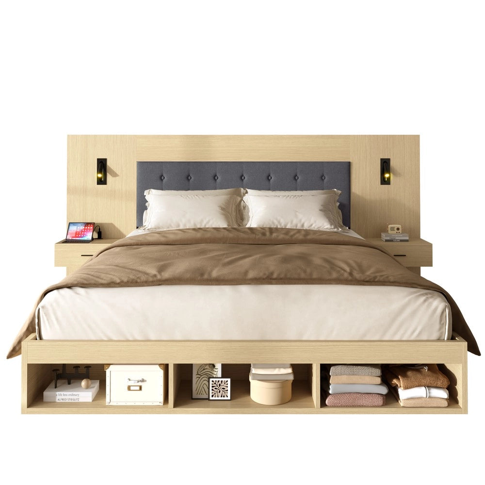 Letto Matrimoniale Contenitore con 2 Comodini e LED ¨C Xylo ¨C Rovere Chiaro 180x200