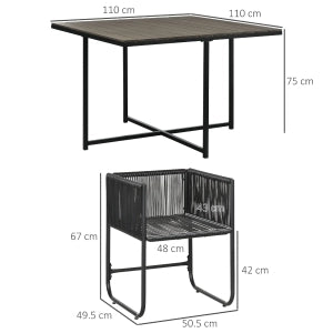 Set da giardino 5 pezzi in polyrattan grigio con tavolo quadrato e sedie imbottite
