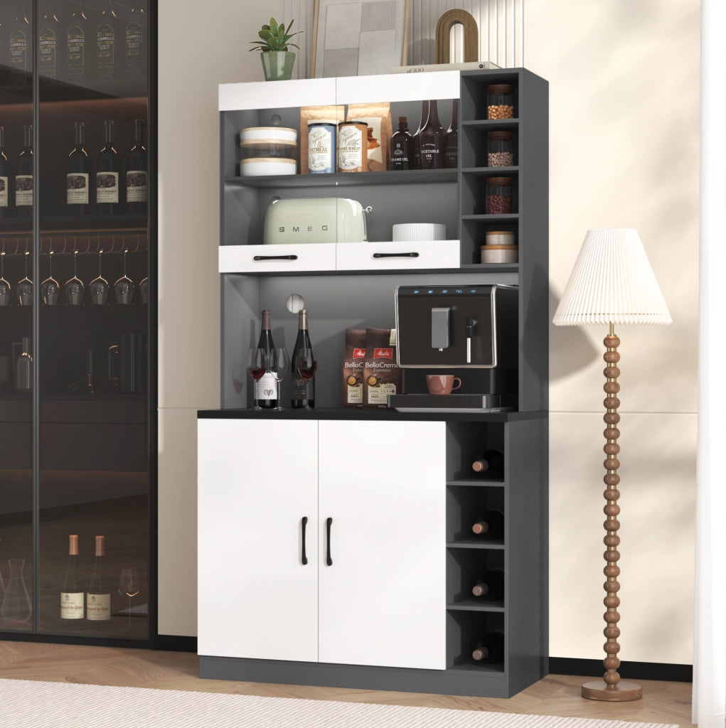 Credenza da cucina 100x47x187 cm grigia e bianca, LED, passacavi, per microonde