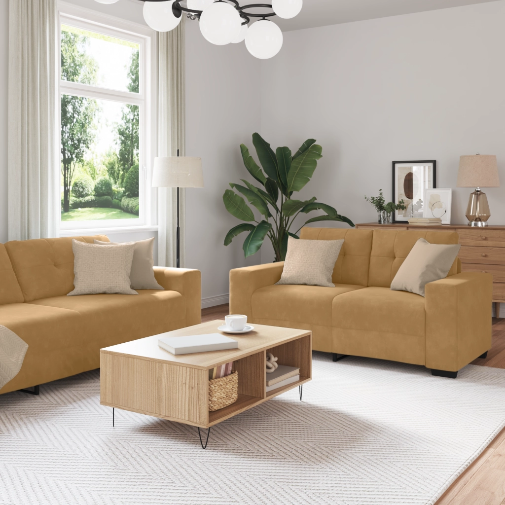 Set divano 3 pezzi con cuscini in velluto marrone