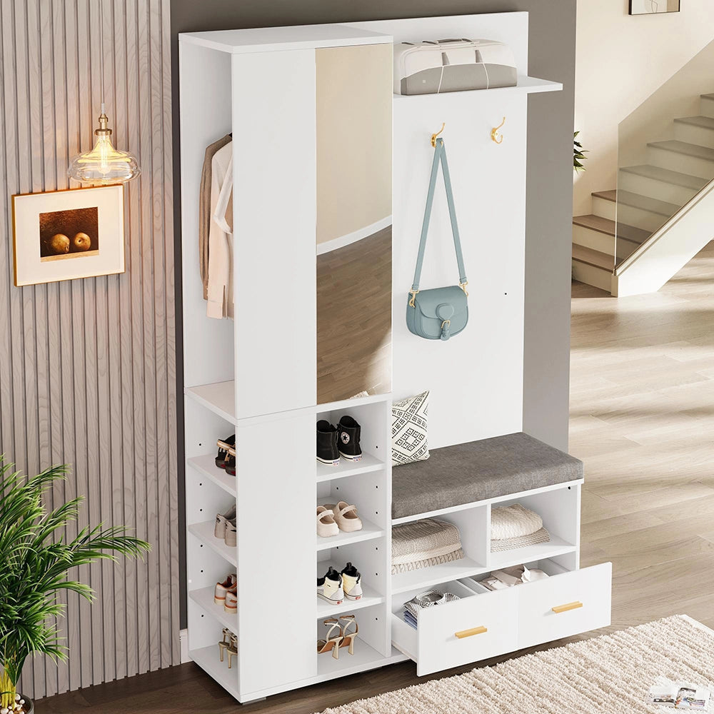 Vestiaire completo con specchio - Xylo - 120x35x190 cm - Bianco - Panca scarpe e 3 ganci