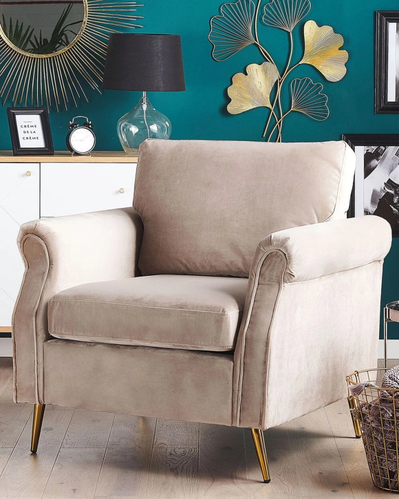 Poltrona Taupe Tessuto Velluto Rivestimento Gambe In Metallo dorato Cuscini Seduta E Schienale Sfoderabili Stile Retrò Glam