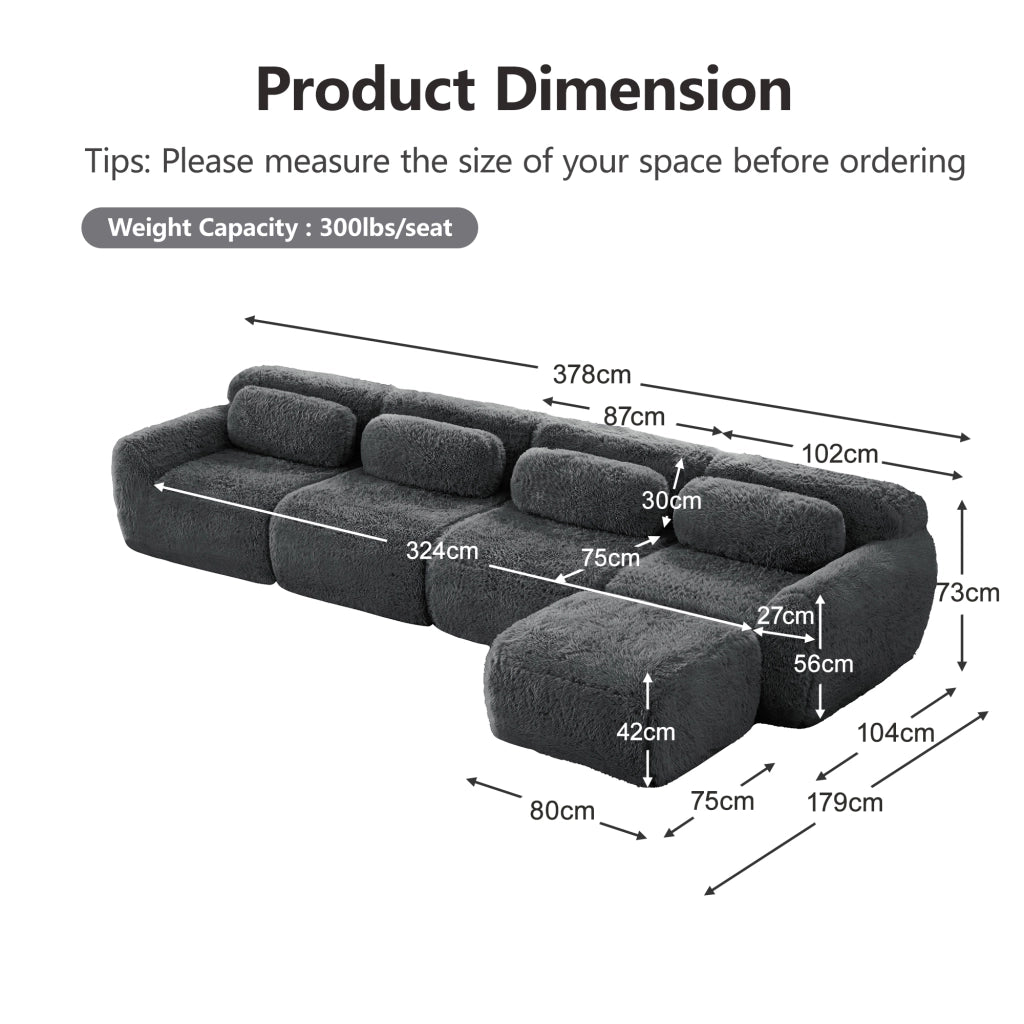Divano Angolare Modulare 4 Posti con Chaise Longue e Cuscini; senza Montaggio; in Peluche; Grigio