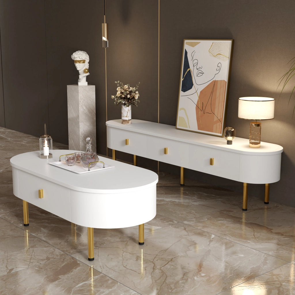 Set mobile TV e tavolino con cassetti; angoli arrotondati; MDF bianco e oro