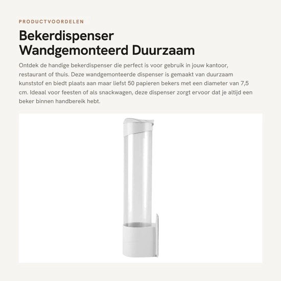 Dispensatore di bicchieri Sostenibile - Montaggio a parete - In plastica - 50 pezzi - 7,5 cm di diametro - Adatto per ufficio/ristorante