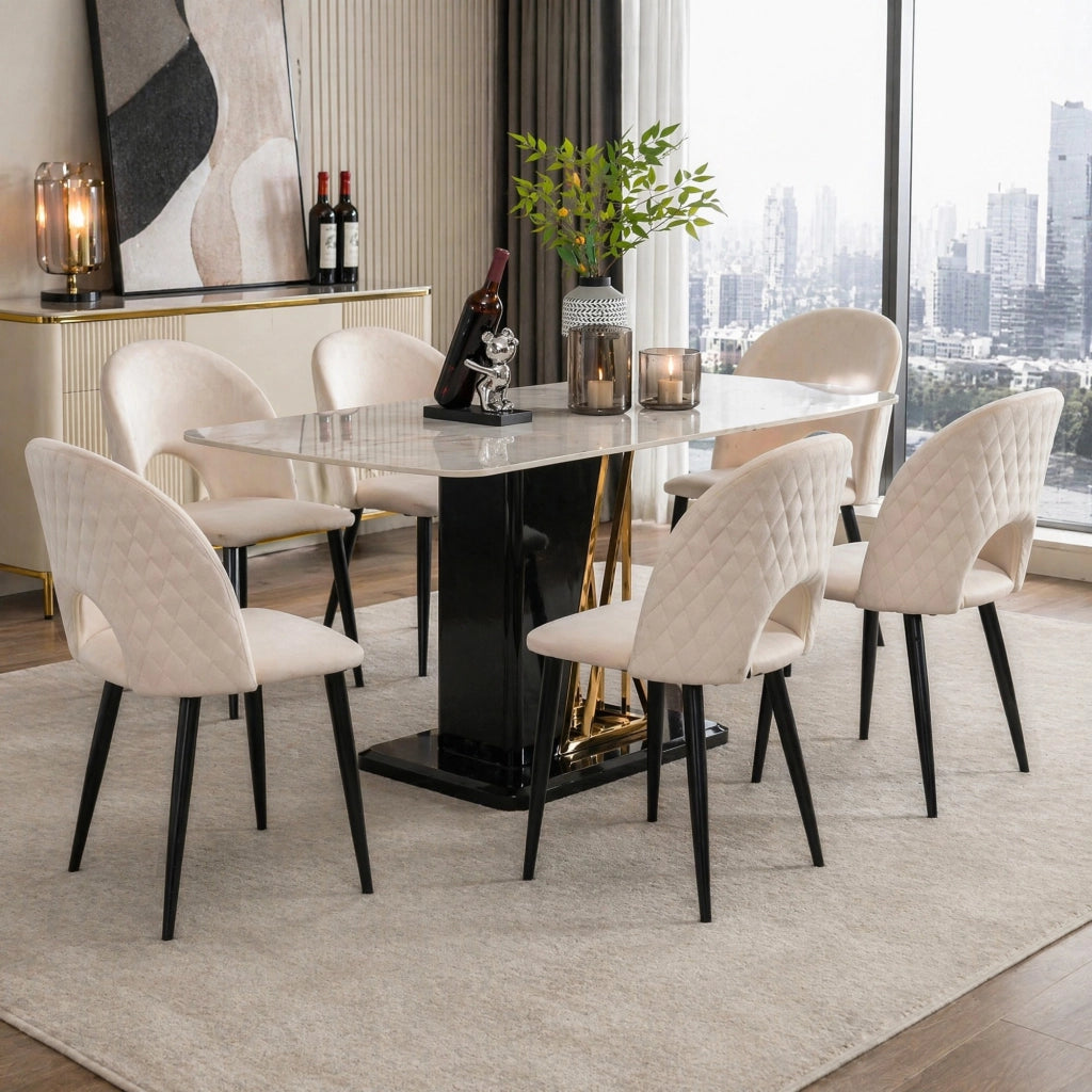 SEDIA Imbottita in velluto con schienale, gambe regolabili, beige, set da 6 pezzi