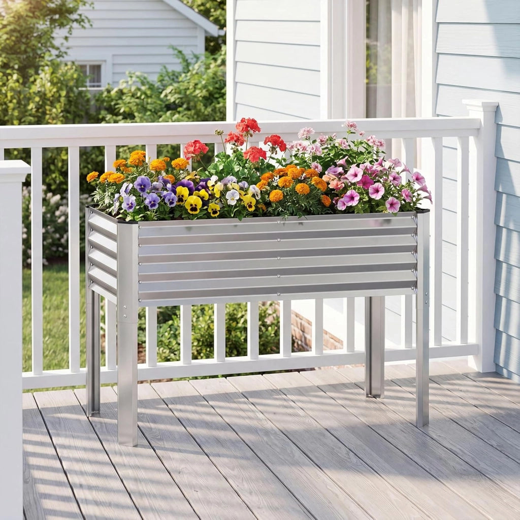Fioriera Rialzata da Esterno, Orto Rialzato da Giardino in Metallo con Fori di Drenaggio, Altezza Ergonomica e Guanti, Letto Elevato da Giardino Rettangolare per Piante e Fiori, (Argento)