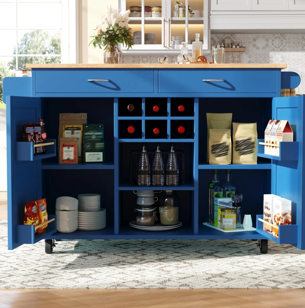 Isola cucina 102x45x92 cm con ruote bloccabili e spazio laterale; MDF e metallo; blu