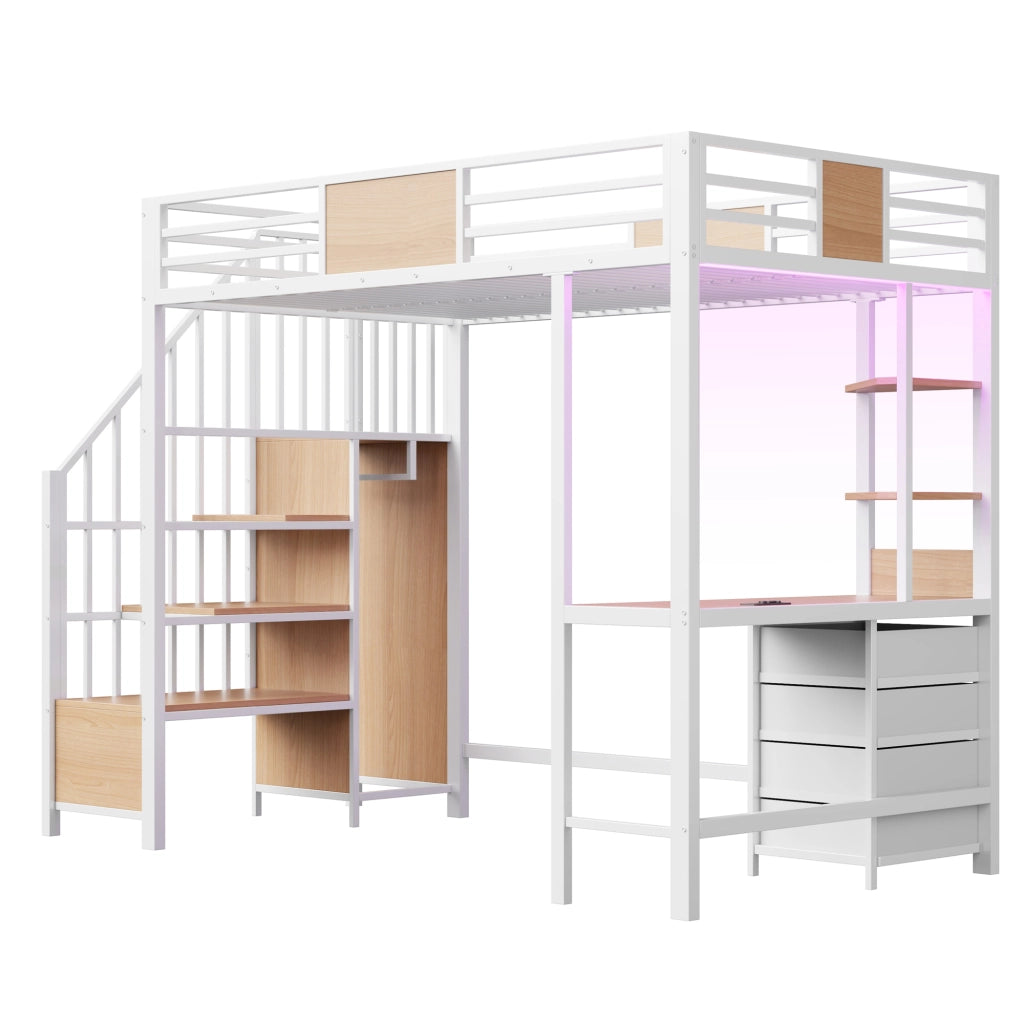 Hochbett in metallo 90x200 cm con scrivania, ripiani, bastone appendiabiti, LED e presa europea