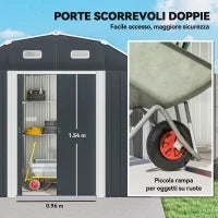 Capanno Porta Attrezzi con Ripiani Regolabili e 2 Finestre, in Acciaio Zincato, 238x132x198.5 cm, Grigio Scuro