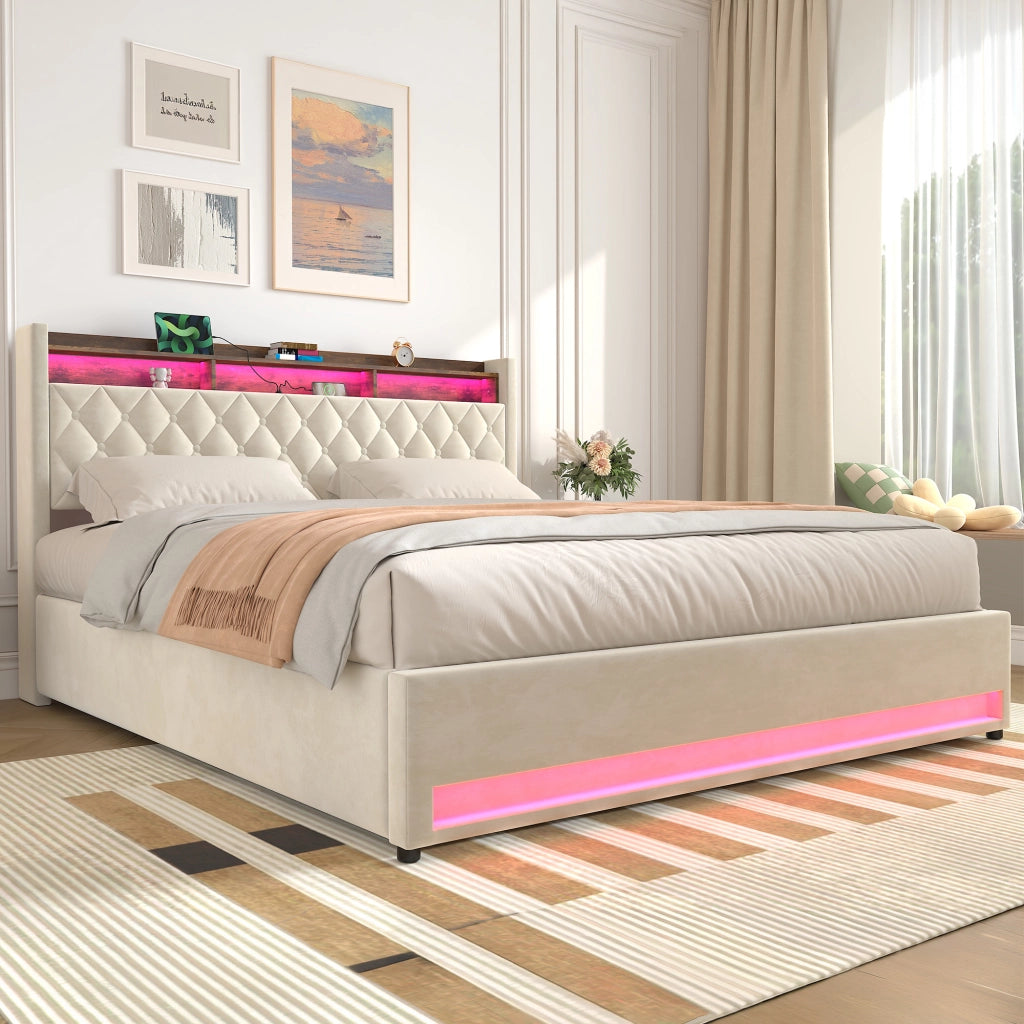 Letto imbottito beige 180x200 cm in velluto con schiuma elastica e struttura ergonomica