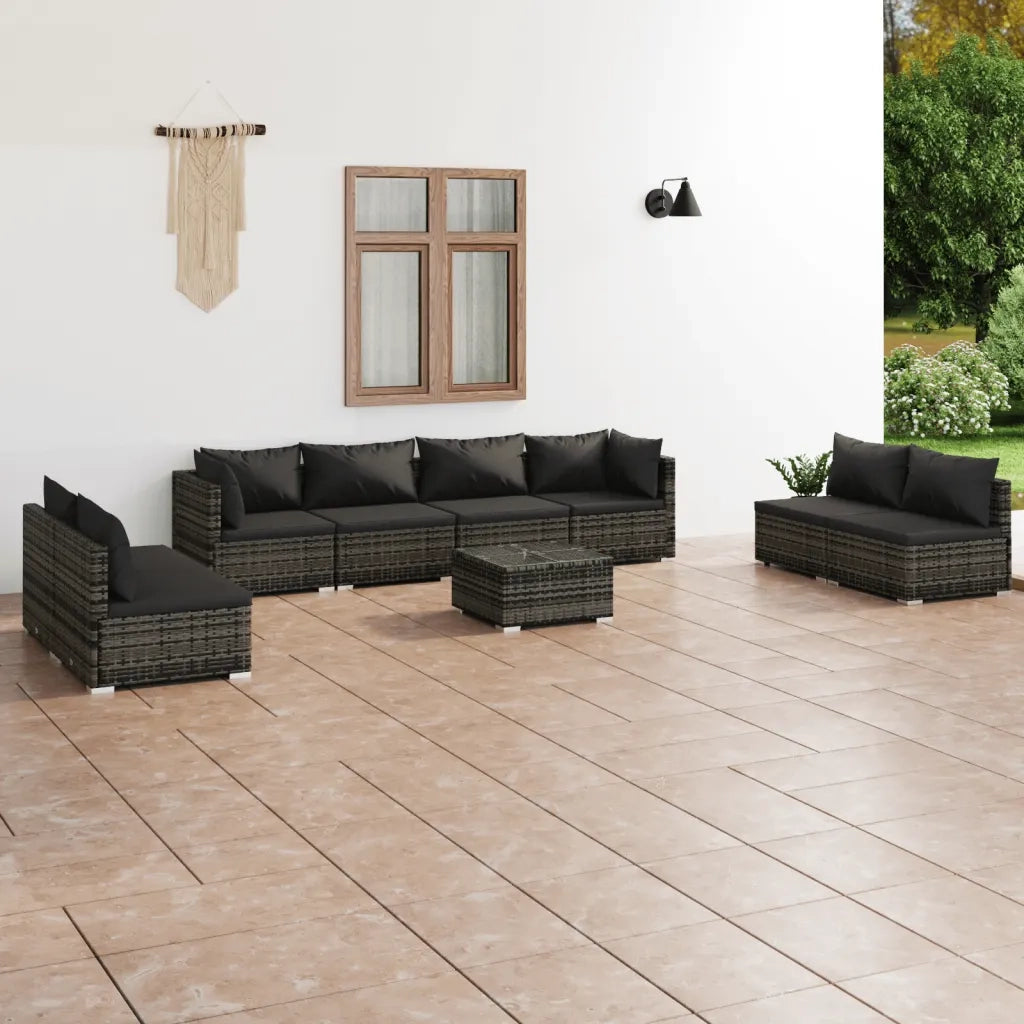 Set Divani da Giardino 9 pz con Cuscini in Polyrattan Grigio 3102261