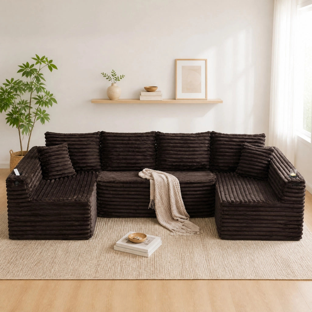 SOFA Modulare a U 320x155x88 cm in Corduroy Marrone
