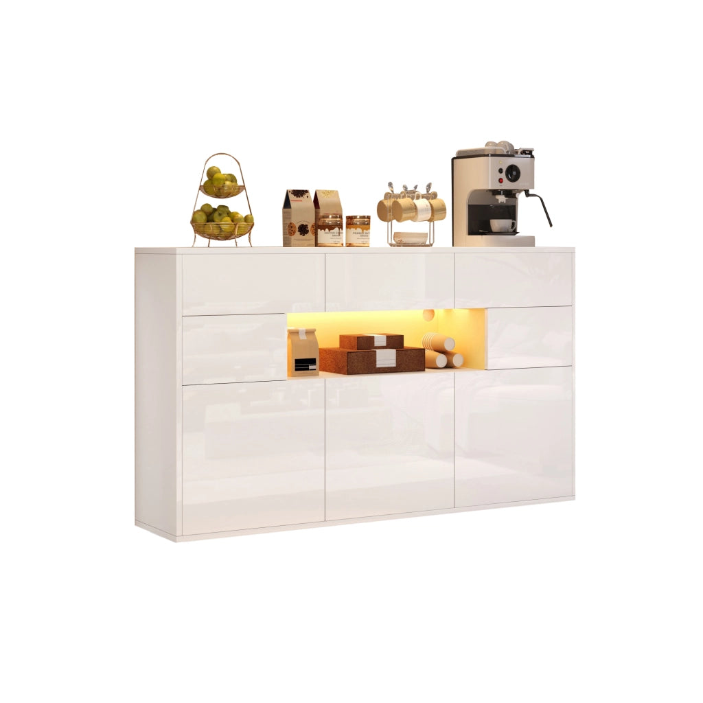 Credenza soggiorno 140 x 30 x 82 cm con 3 cassetti, 5 vani e luce LED, bianco lucido