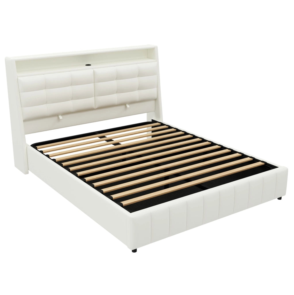 Letto imbottito 160x200 cm con contenitore; LED e USB in PU bianco