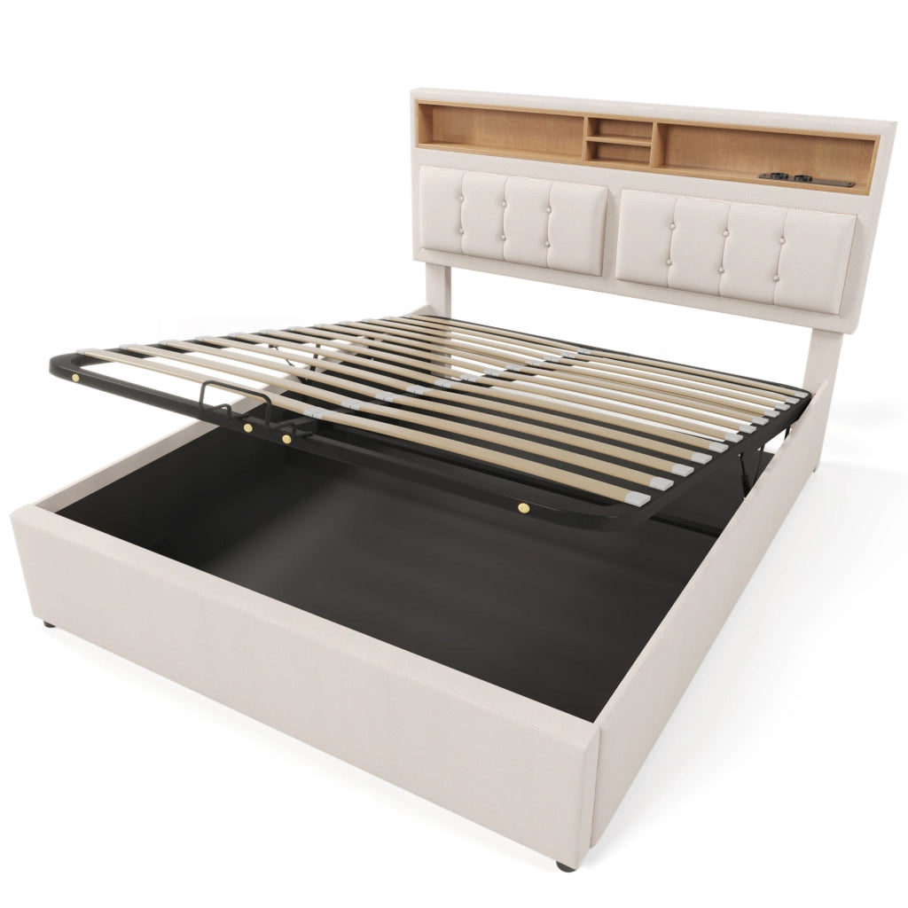 Letto matrimoniale imbottito 140x200 cm con testiera regolabile; USB e contenitore; beige