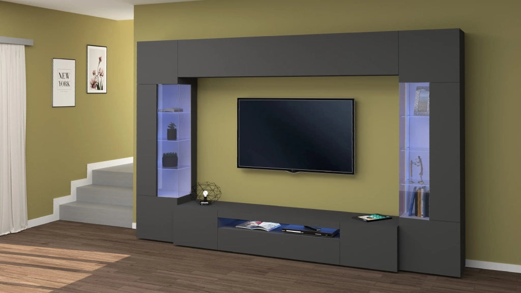 Parete attrezzata antracite moderna porta TV pensile sospeso 2 vetrine Sultan RT