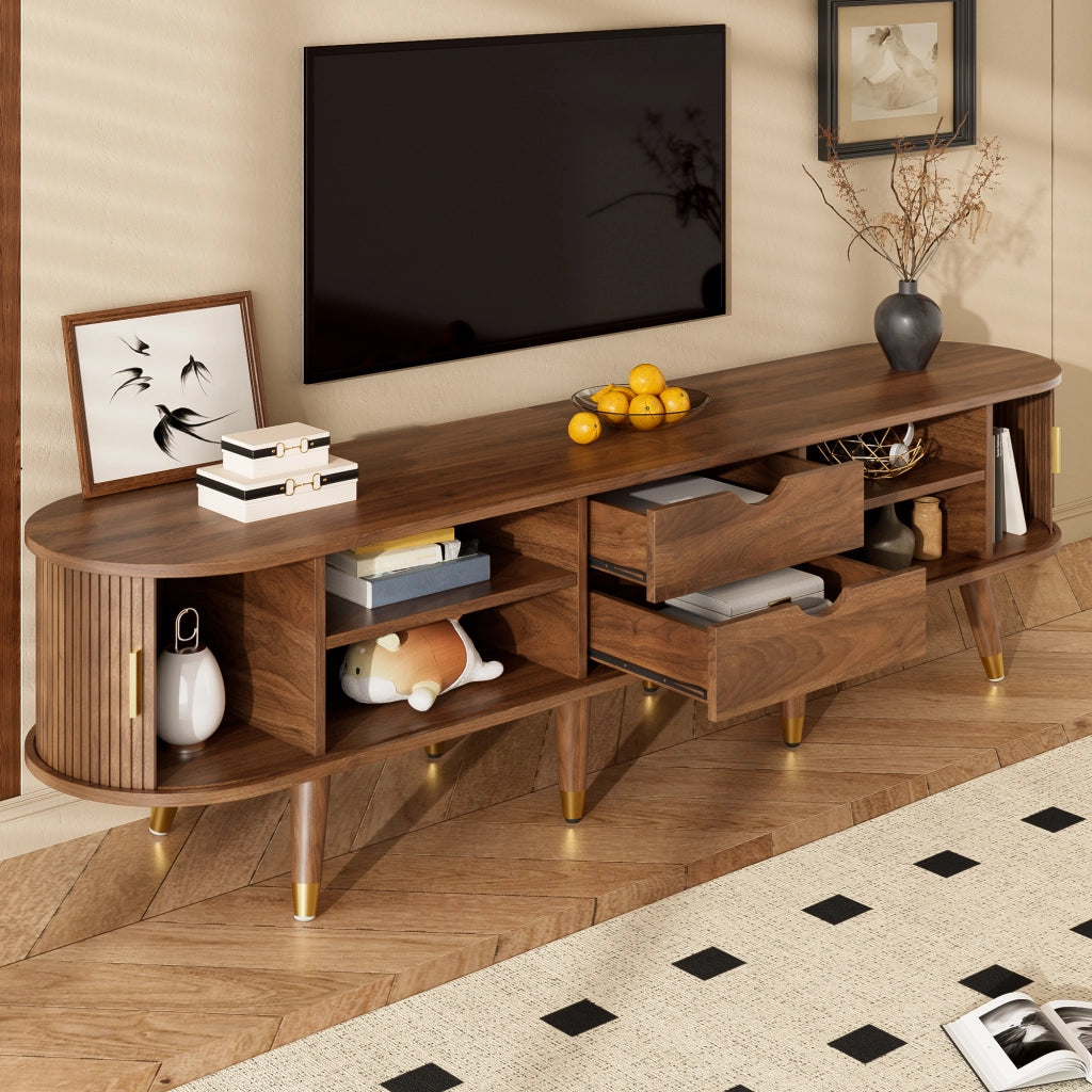 Mobile TV con Anta Scorrevole in Rattan; 2 Cassetti e Vani Aperti; Stile Country; in MDF; 175??38??45 cm; Noce