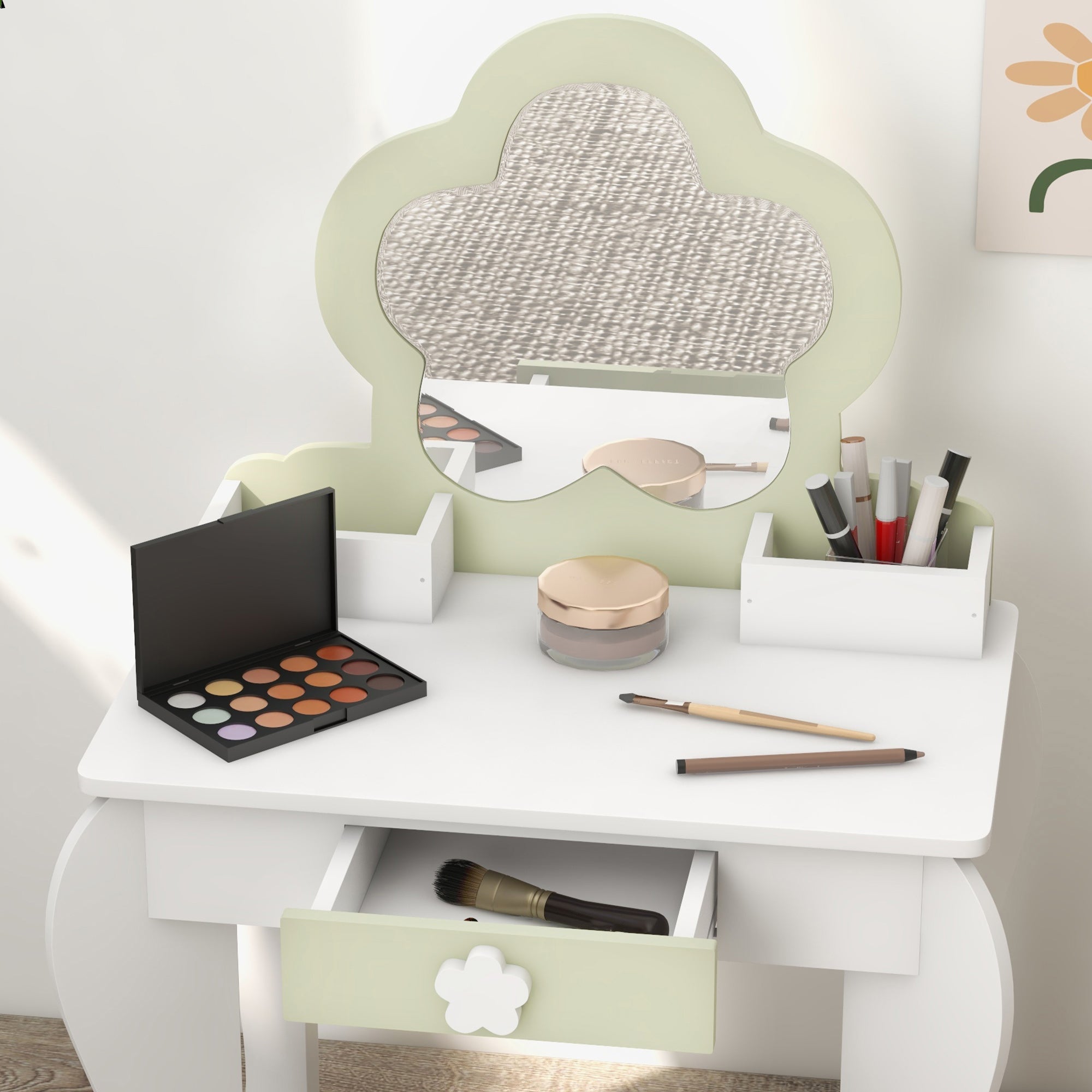 Set Toeletta per Bambina con Specchio Trucco in Acrilico e Sgabello Abbinato in MDF Bianco