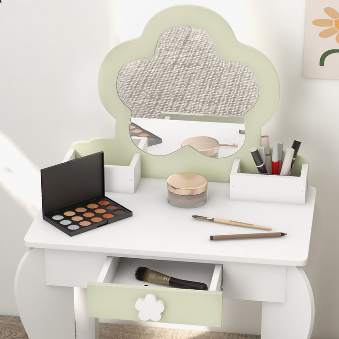 Set Toeletta per Bambina con Specchio Trucco in Acrilico e Sgabello Abbinato in MDF Bianco