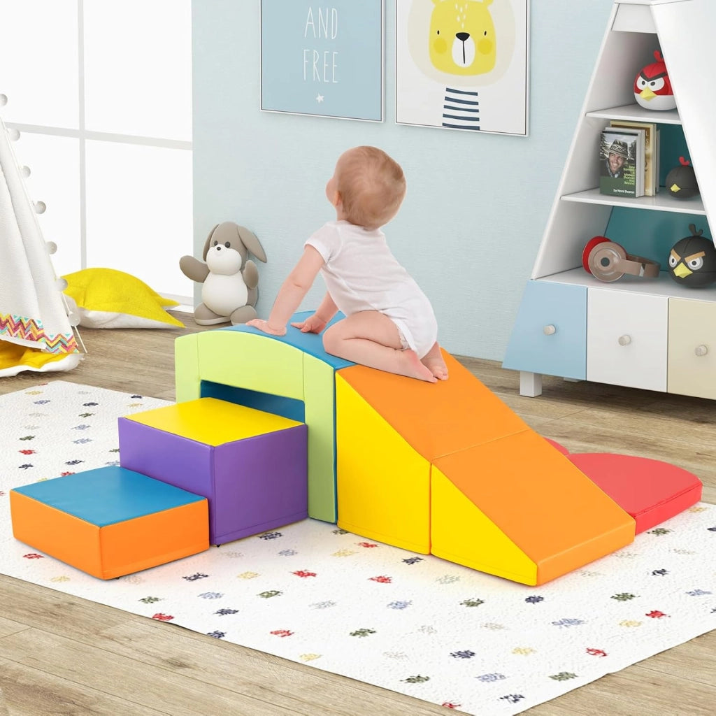 6 Blocchi di Schiuma per Arrampicata, Gioco Morbido per Bambini, Set di Costruzioni Colorate per Arrampicarsi e Strisciare con Tunnel, Scale e Rampetta per Bambini 12 Mesi + (Colorato)