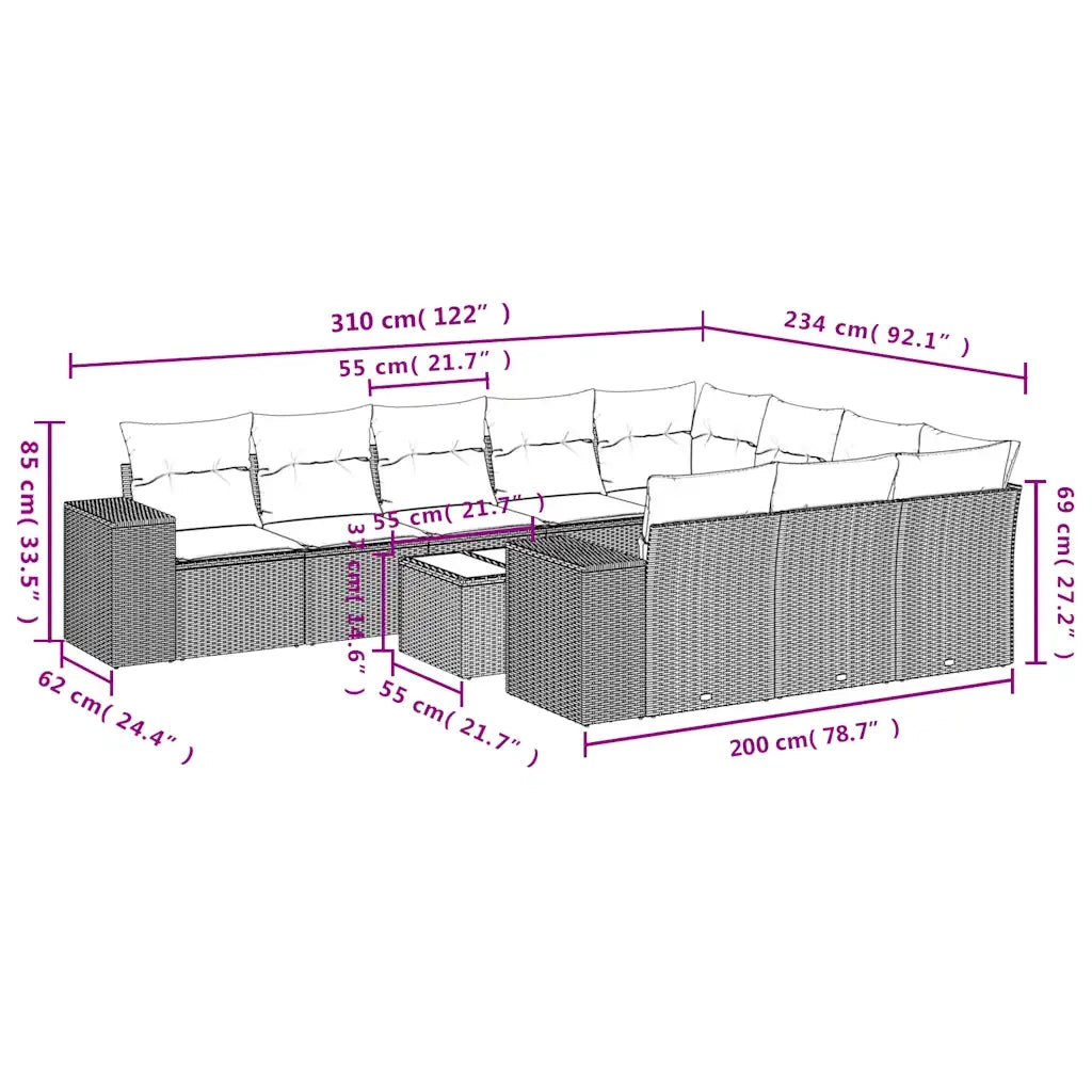 Set Divani da Giardino 11 pz con Cuscini Grigio in Polyrattan 3223100