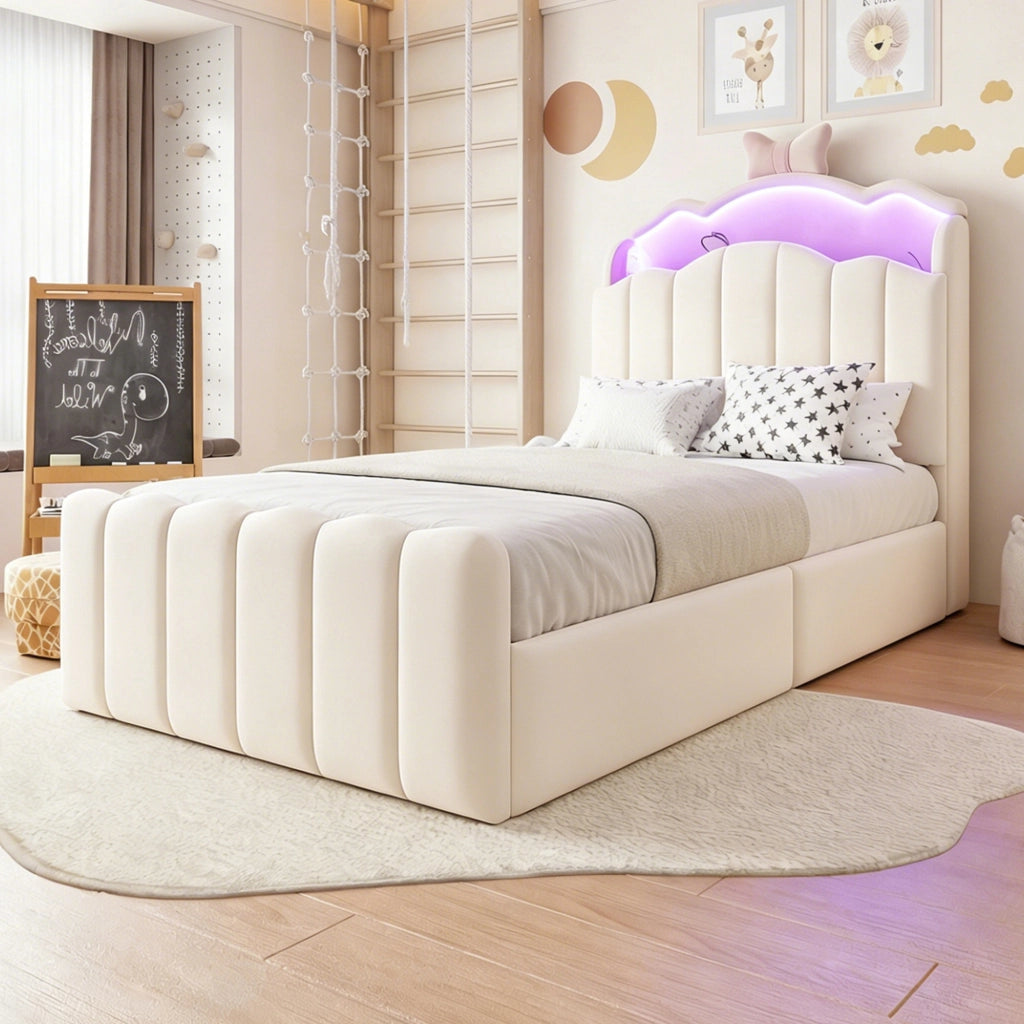 Letto per bambini 90 × 200 cm con contenitore idraulico, LED a colori, USB e USB-C, senza materasso, beige