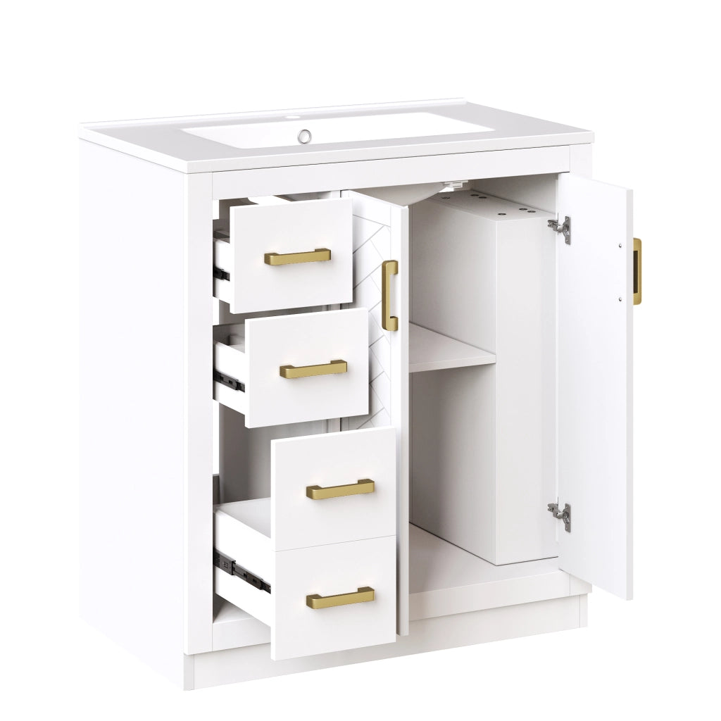 Mobile sottolavabo con lavabo in ceramica, 2 ante, 3 cassetti e ripiani aperti per bagno, bianco, 76.5 × 46.5 × 84.5 cm