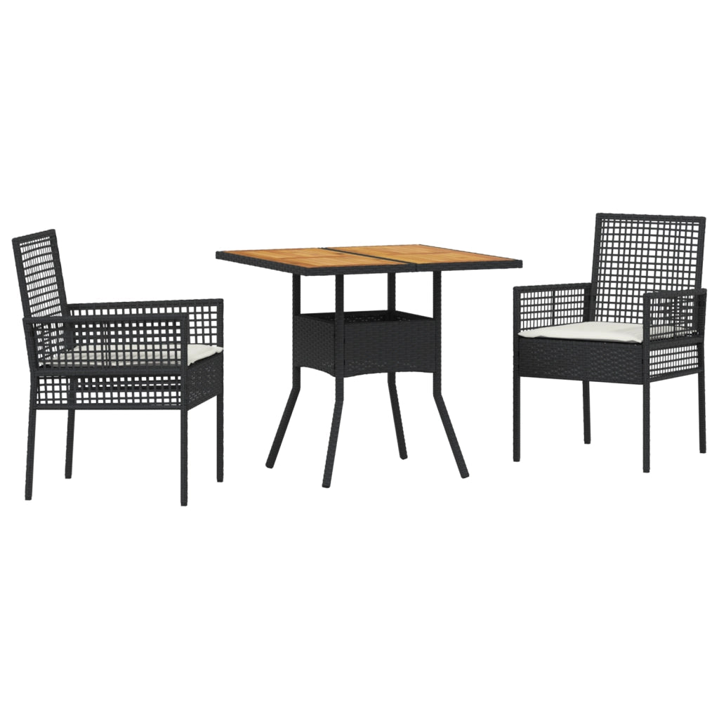 Set da Pranzo da Giardino 3 Pezzi con Cuscini Nero Polyrattan
