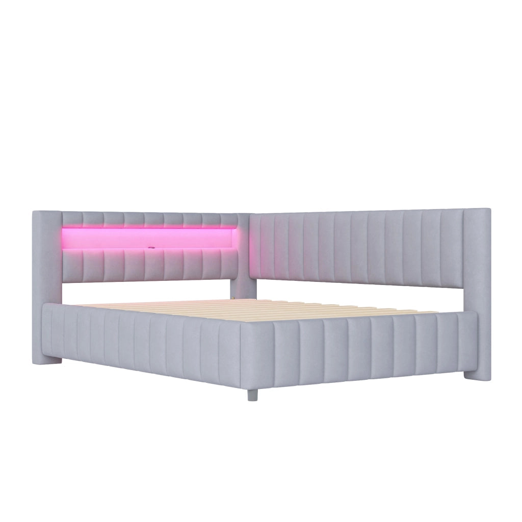 Letto imbottito con LED e USB - Zephmum- 140x200- Grigio- Schienale imbottito e struttura stabile
