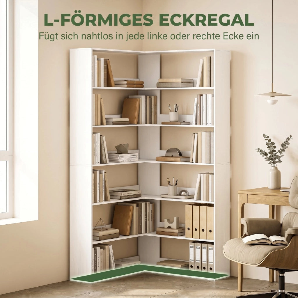 Libreria angolare a L 7 ripiani ¨C Xylo ¨C bianco effetto legno con protezione antiscivolo