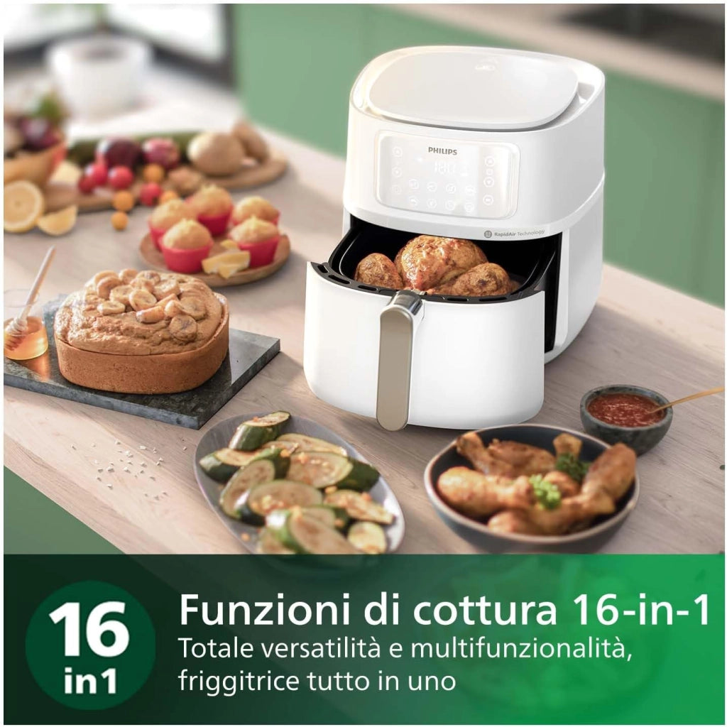 Philips Airfryer Serie 5000 XXL, 7,2L (1,4Kg) - 6 porzioni, Friggitrice ad Aria 16-in-1, connessione Wifi, 90% di grassi in meno con Tecnologia Rapid Air, app HomeID. Bianco(HD9285/00)