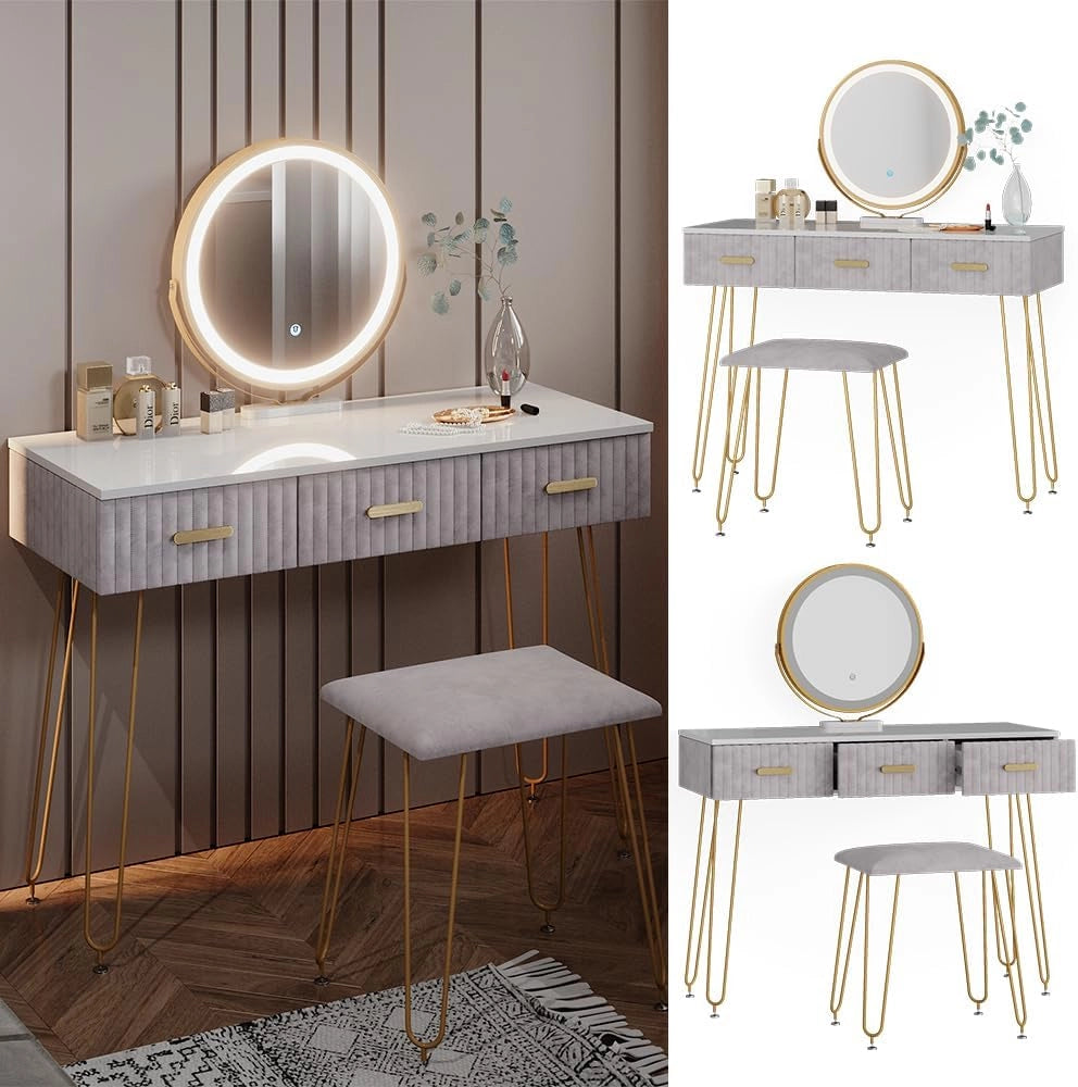 Vicco Tavolo da toeletta Layla, Grigio, 100 cm con illuminazione LED e sgabello, con illuminazione a LED e panca imbottita