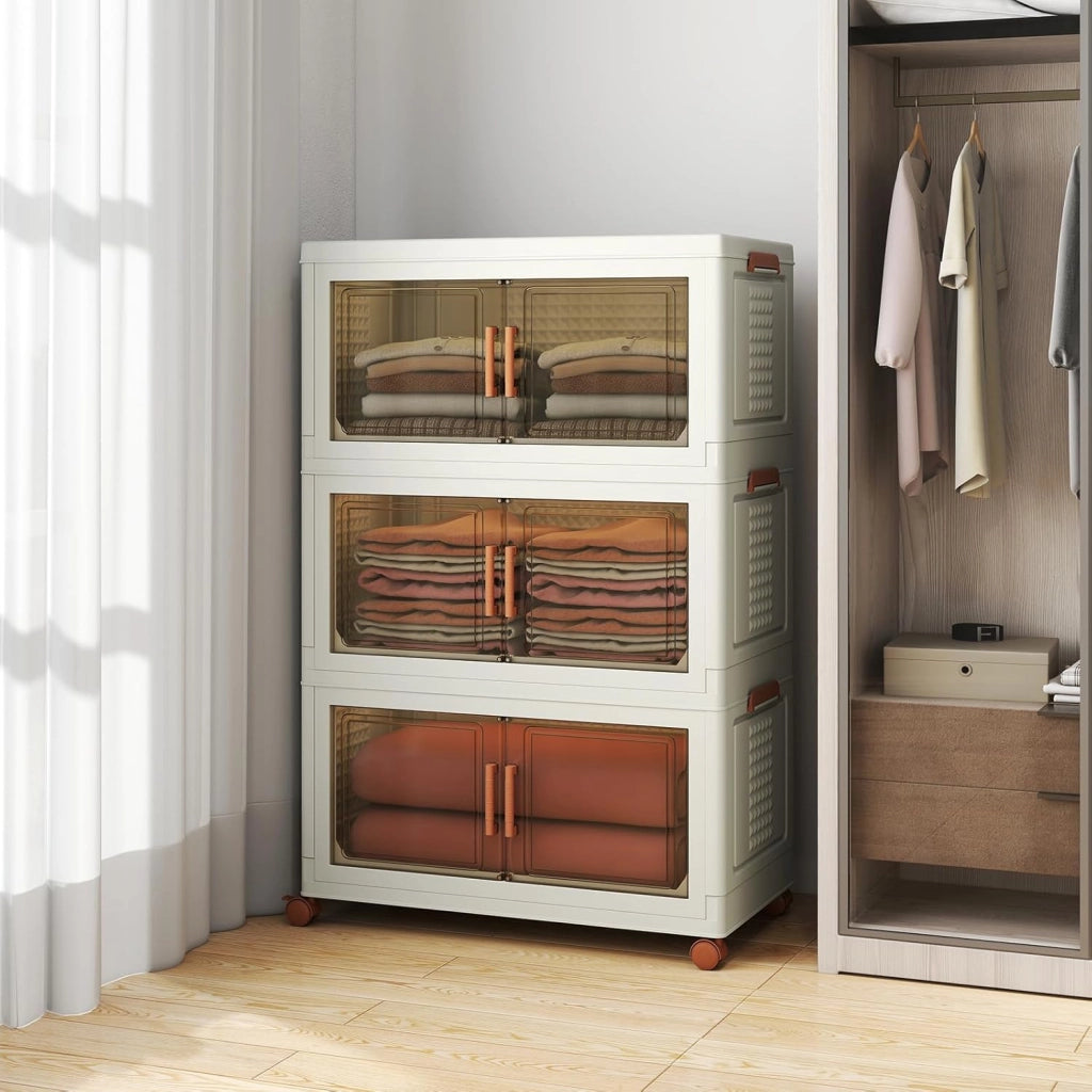 Contenitore di Archiviazione in Plastica, Organizzatore Impilabile con Coperchi e Porte, 4 Ruote, Scatole Organizzatore Pieghevoli per Soggiorno, Camera da Letto (68,5 x 37,5 x 107 cm)