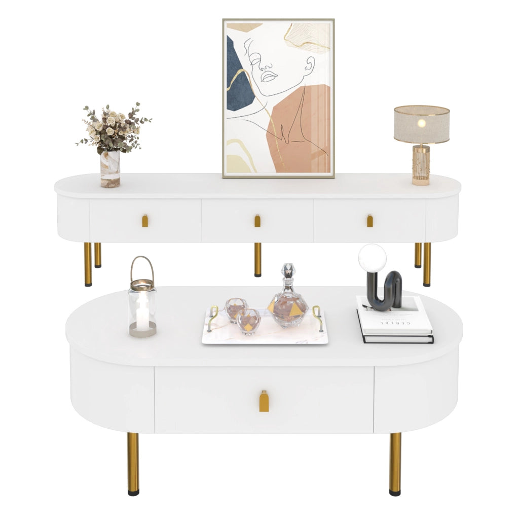 Set tavolino e mobile TV 174 cm bianco MDF, cassetti e bordi arrotondati