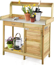 Tavolo Lavoro per Giardinaggio per Piante in Legno di Abete, Banco da Giardino con Cassetto, Armadietto, Mensola Aperta e 3 Ganci, Tavolo di Giardinaggio, 112 x 46 x 125 cm, Naturale