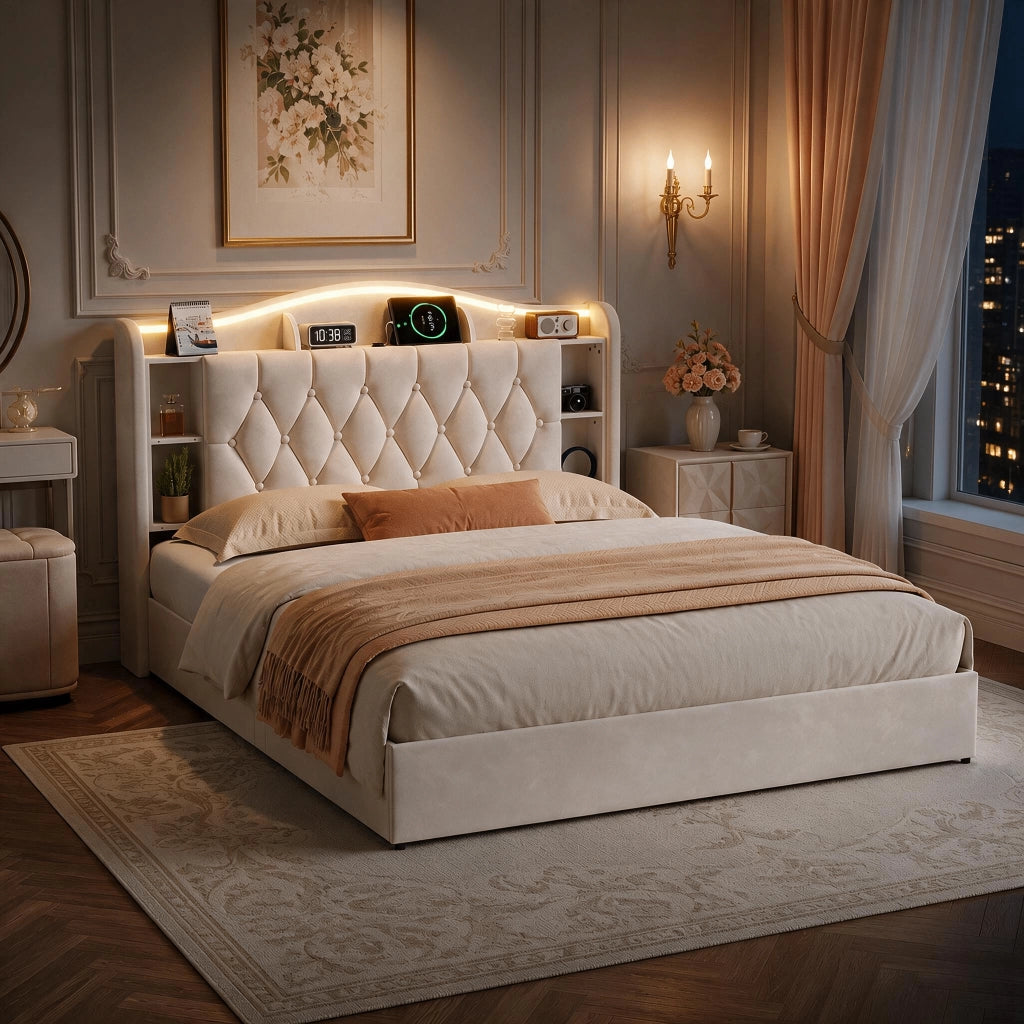Letto a molle a sollevamento idraulico, testiera velluto beige, con luci LED RGB, stazioni di ricarica USB e wireless, scomparti porta oggetti, 160x190 cm