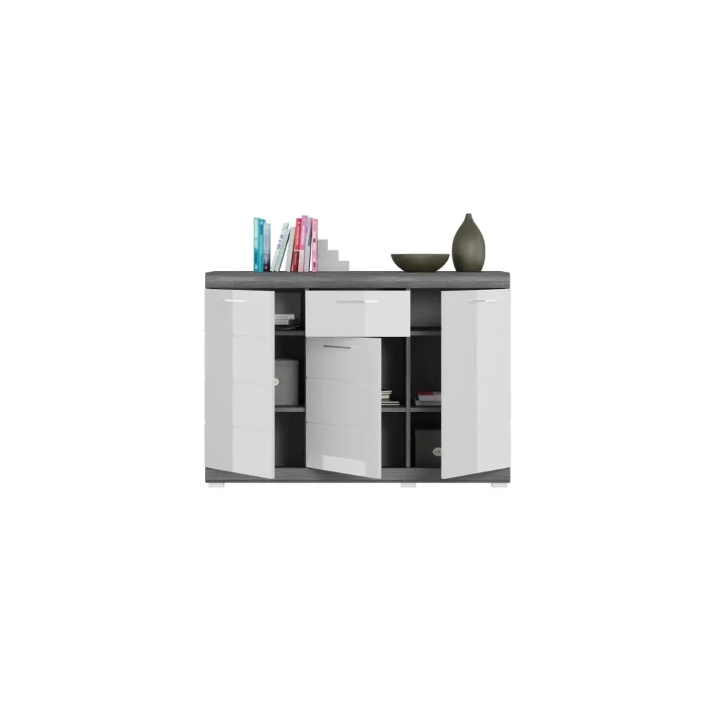 Buffet SCOTT – 3 porte e 1 cassetto – Grigio scuro e bianco – 120x85x37 cm