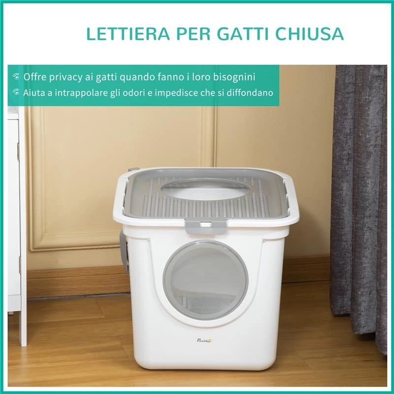 LETTIERA PER GATTI CHIUSA 2 INGRESSI CON VASSOIO E PALETTA IN PLASTICA PE 44X55X39 CM BIANCO